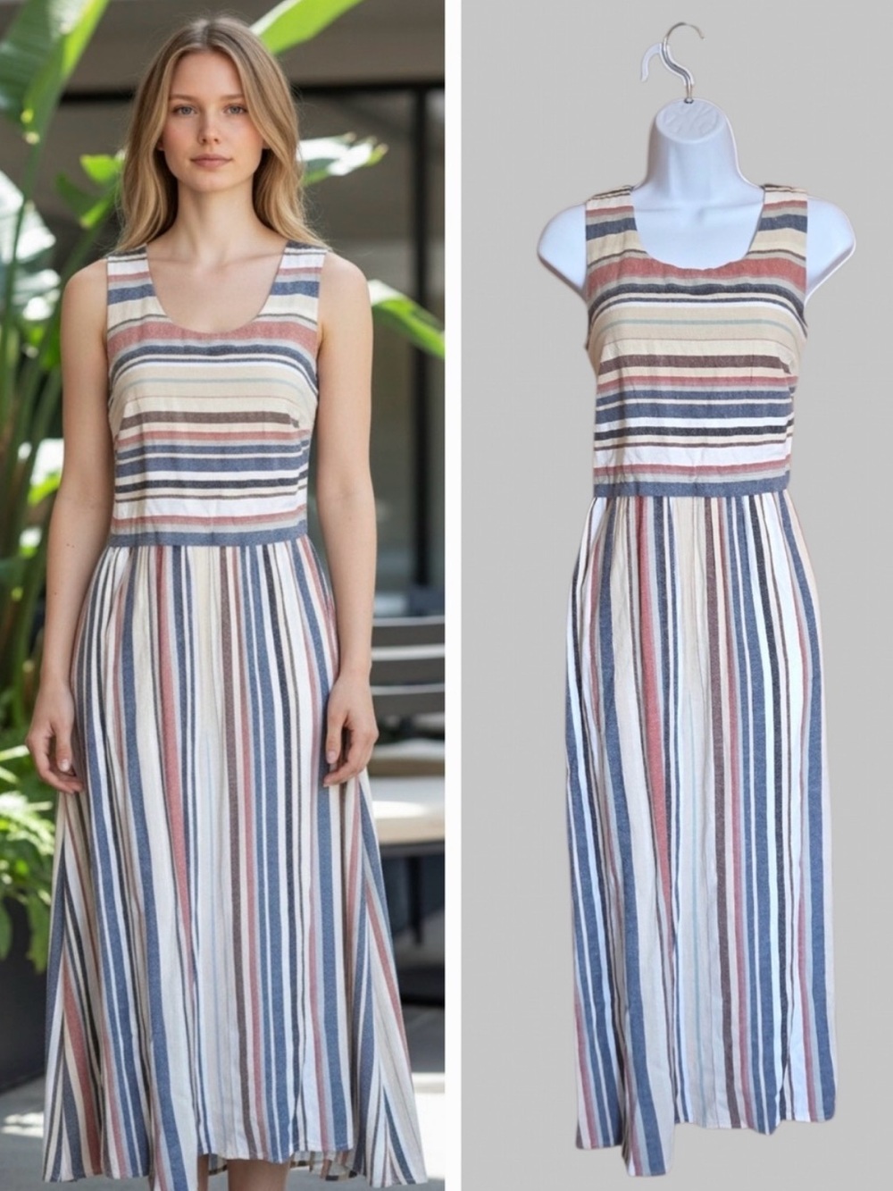 Coldwater Creek Striped Sleeveless Maxi Dress in Cream, Blue & Rust, Size 10P